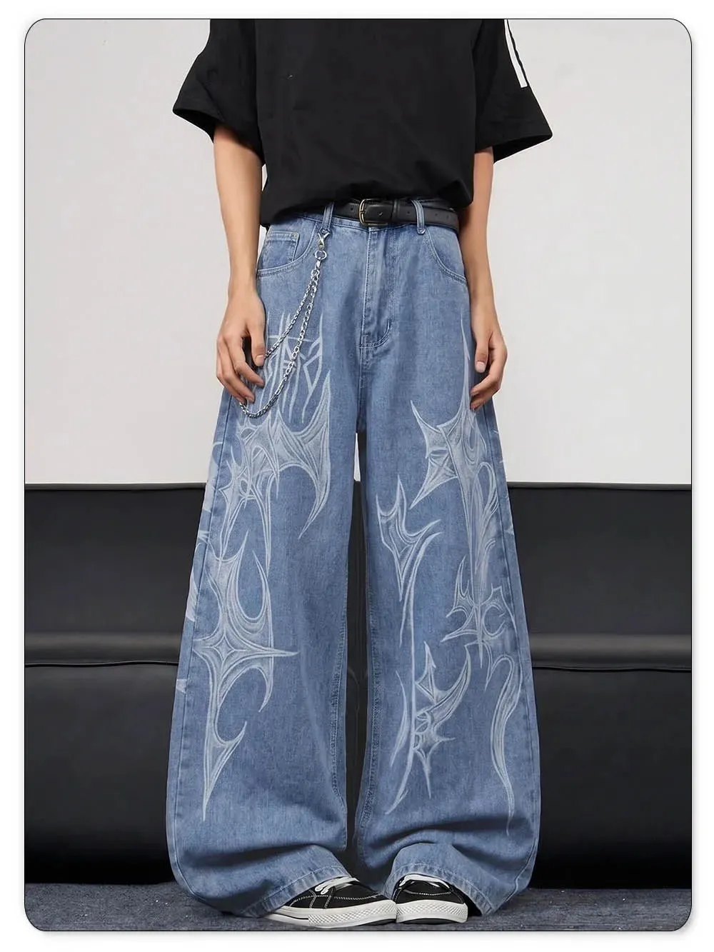 Ανδρικά casual σπιράλ γκράφιτι με στάμπα Hip Hop Oversized φαρδύ τζιν με φαρδύ πόδι Trendy Casual Slop Lazy Street Daily Denim Παντελόνι — image 7
