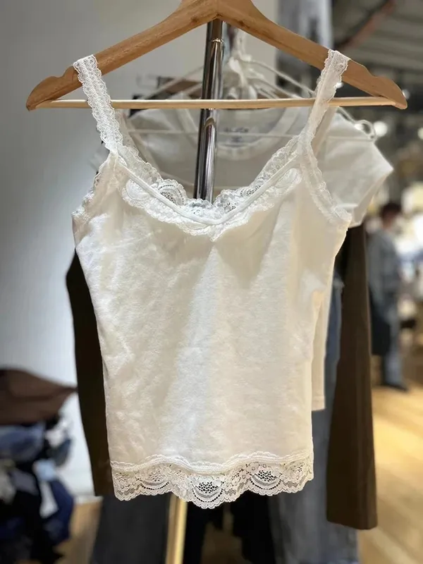 Süße Spitze Patchwork Schlank Tank Tops Frauen Sommer Weiß Sexy Einfache Baumwolle Weiche Ärmellose Westen Weibliche Vintage Chic Y2K Leibchen — image 5