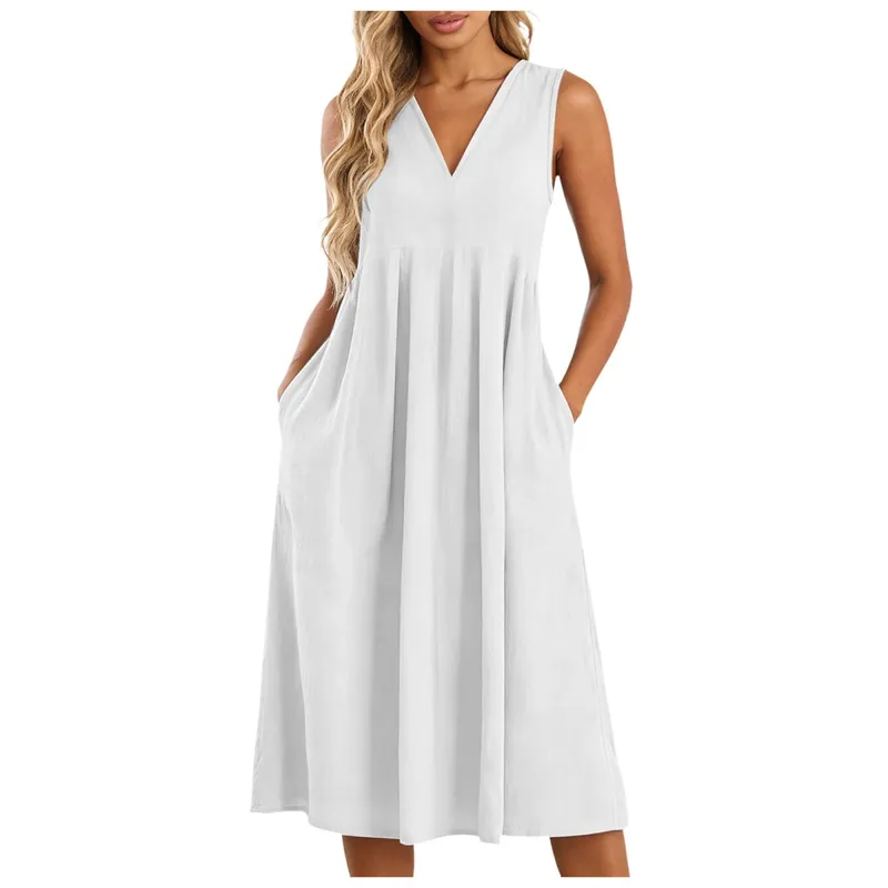 Women Sleeveless Linen Midi Dress Loose V Neck Summer A Line Sundress Lightweight Casual Swing Tank Dresses With Side Pockets