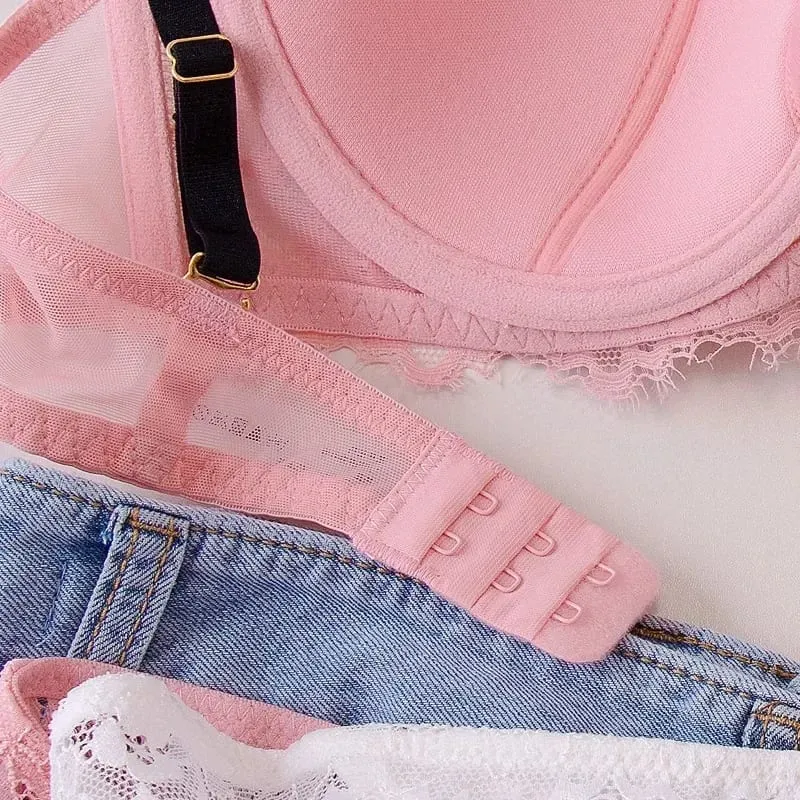 Sexy Lace Bralette & Panty Set with Push Up Steel Ring Large Size Thin Lingerie for Women
