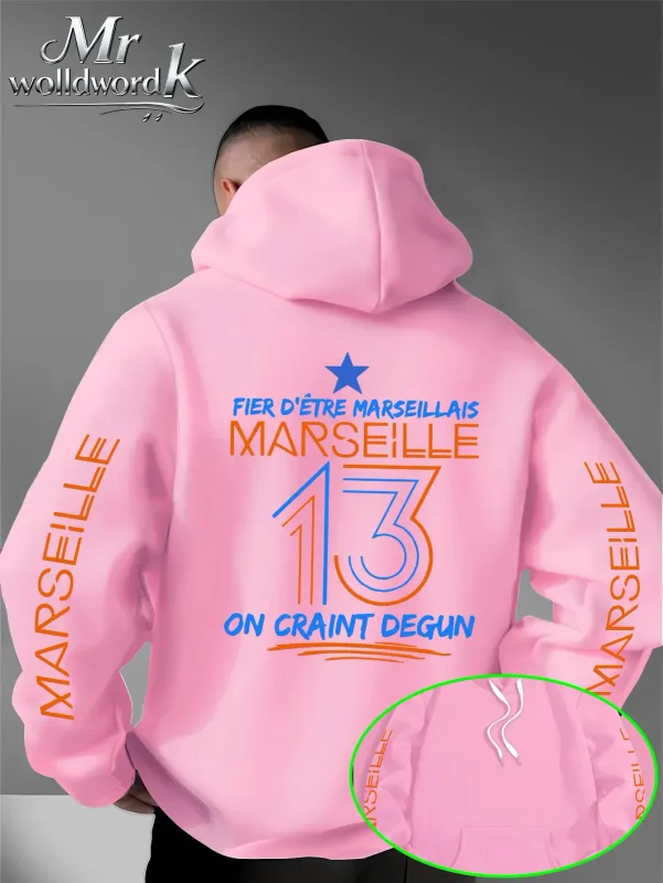 Men Marseille 13 City Graphic Hoodie Multi‑Print Sleeve Back Letter Hooded Sweatshirt Autumn Winter Fleece Loose Hoodie — image 8