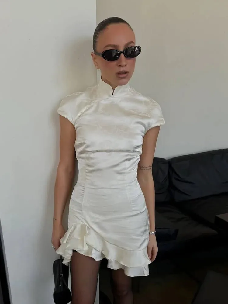 Elegant Satin Irregular Ruffle Hem Mini Dress Women Solid Stand Collar Short Sleeve Slim Dressess 2026 Lady Party Evening Gown — image 5