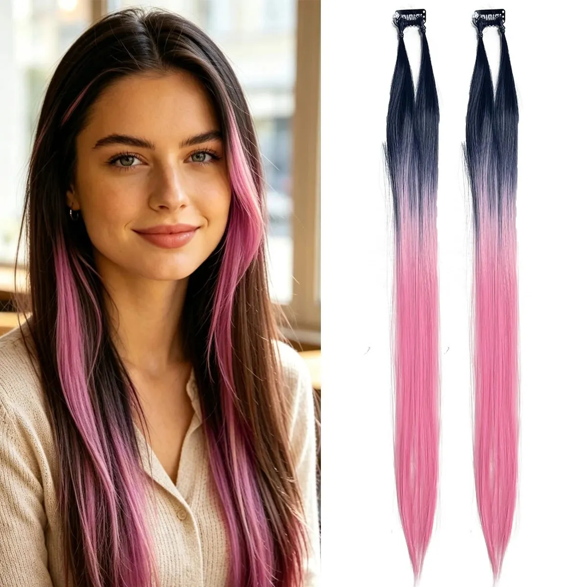 Clip‑in Hair Extensions Long Straight Ombre Synthetic Hair Pieces 2Pcs/Set Fashion Highlight Hair For Women Hair Accessories — image 6