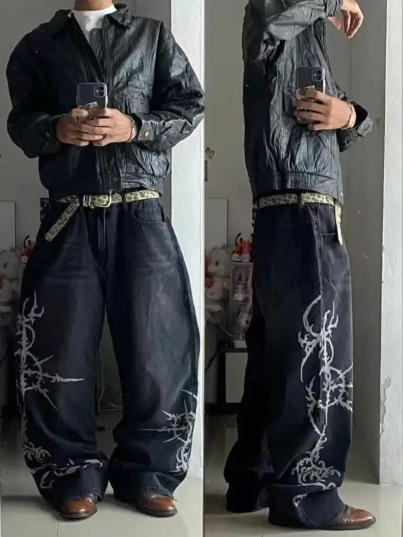 Y2K Vintage Gothic High Street Denim Black Wash Gradient Spine Spider Lily Print Wide Leg Jeans — image 10