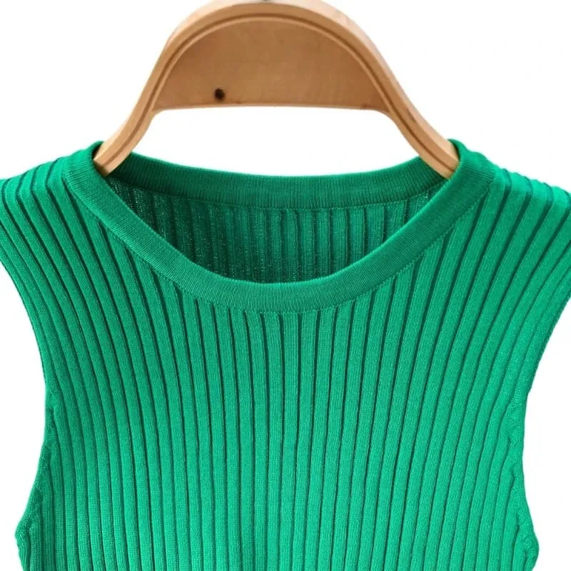 Women's Green Sleeveless Halter Neck Sundress Stretchy Ribbed Knit Ruffle Bodycon Mini Dress Casual Party Clubwear Short Dress — image 5