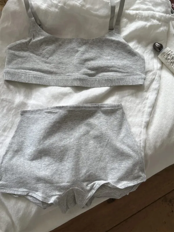 Solid Cotton Sport Set Woman Adjusted-strap Seamless Bras+Low Waist Boxer Briefs Casual Simple High Elasticity Lingerie Sets