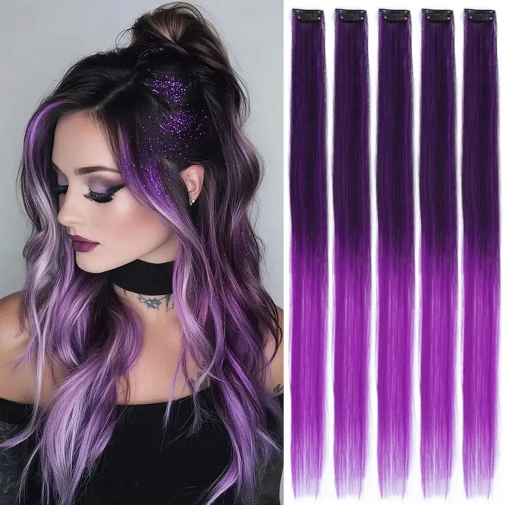 Synthetic Colorful 5pcs/set Clip Hair Extensions High Temperature Long Straight Hairpieces for Women Daily Party Use