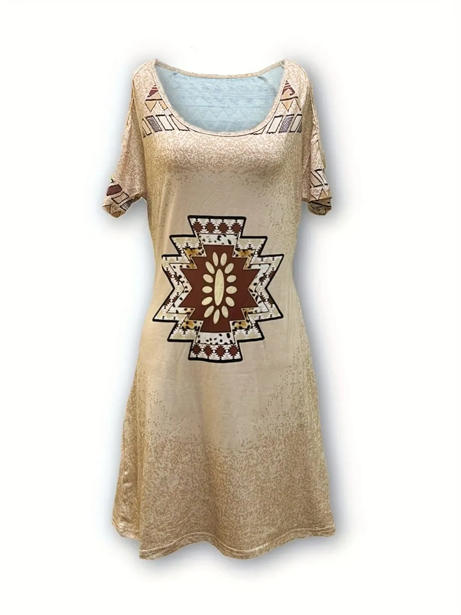 Women's Geometric Print Off-the-shoulder Short Sleeve Dress Western Retro Style Dress Women's Clothing — image 3