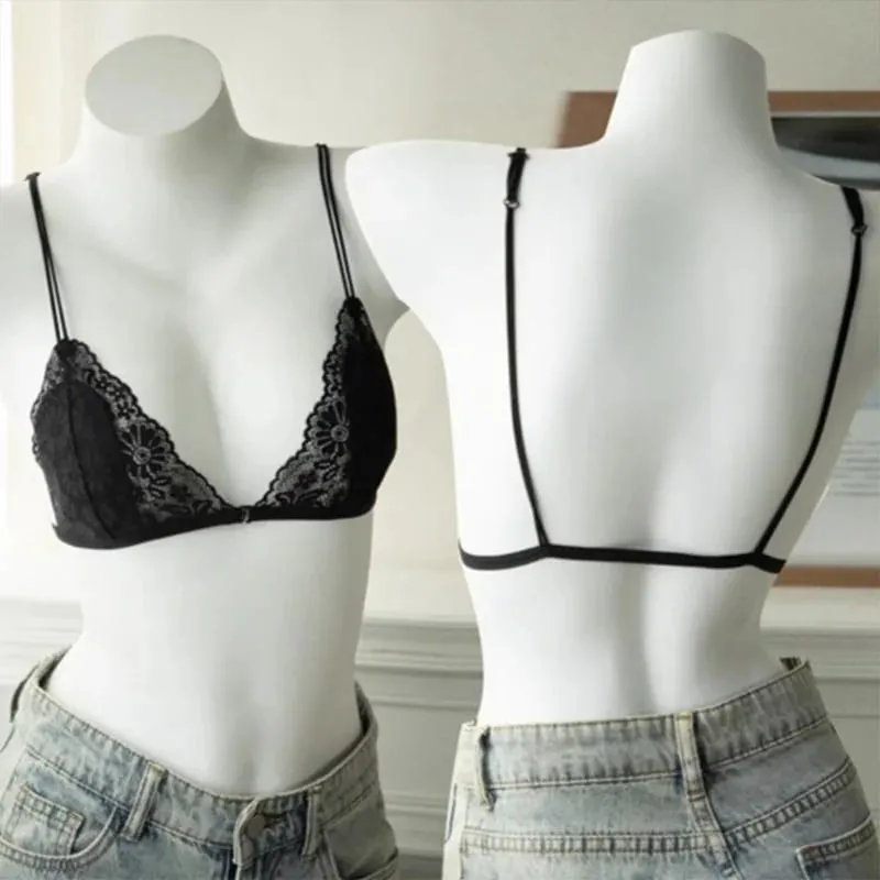 Bra Segitiga Tipis Berenda Seksi Gaya Perancis dengan Kancing Depan Pakaian Dalam Lingerie Nirkabel Cincin Tanpa Baja Wanita Bra Punggung Cantik