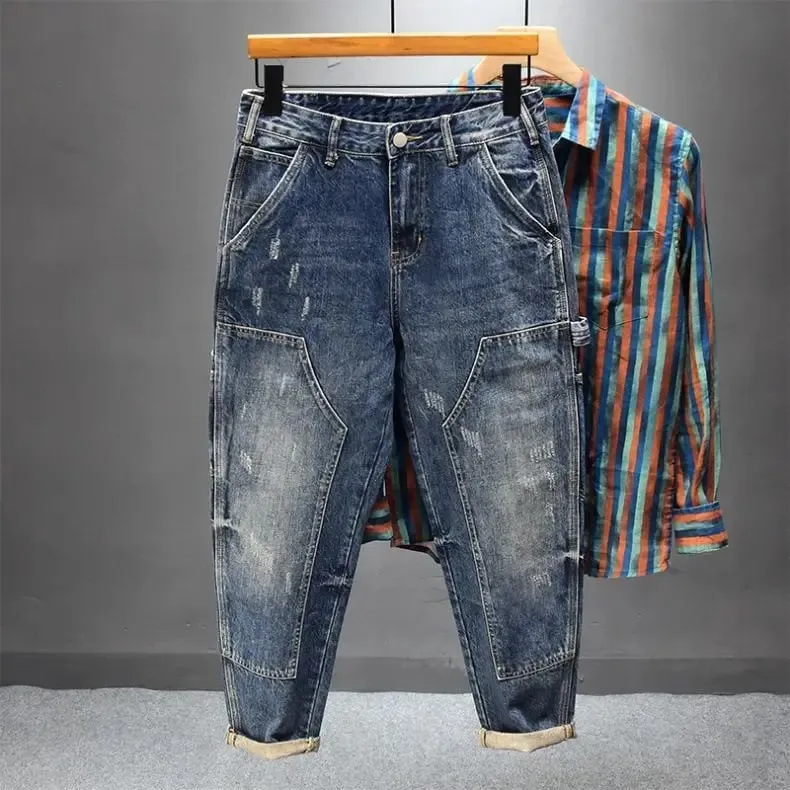Pesado na moda 2025 marca de ferramentas jeans multi-bolso tendência masculina solta retro pequenos pés harlan retalhos carga calças retas — image 6