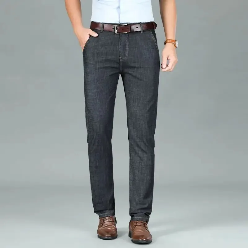 2026 New Seasons Lightweight Fit Straight Men's Jeans Classic Business Clothes Thin Cotton Elastic High Waist Casual — image 5