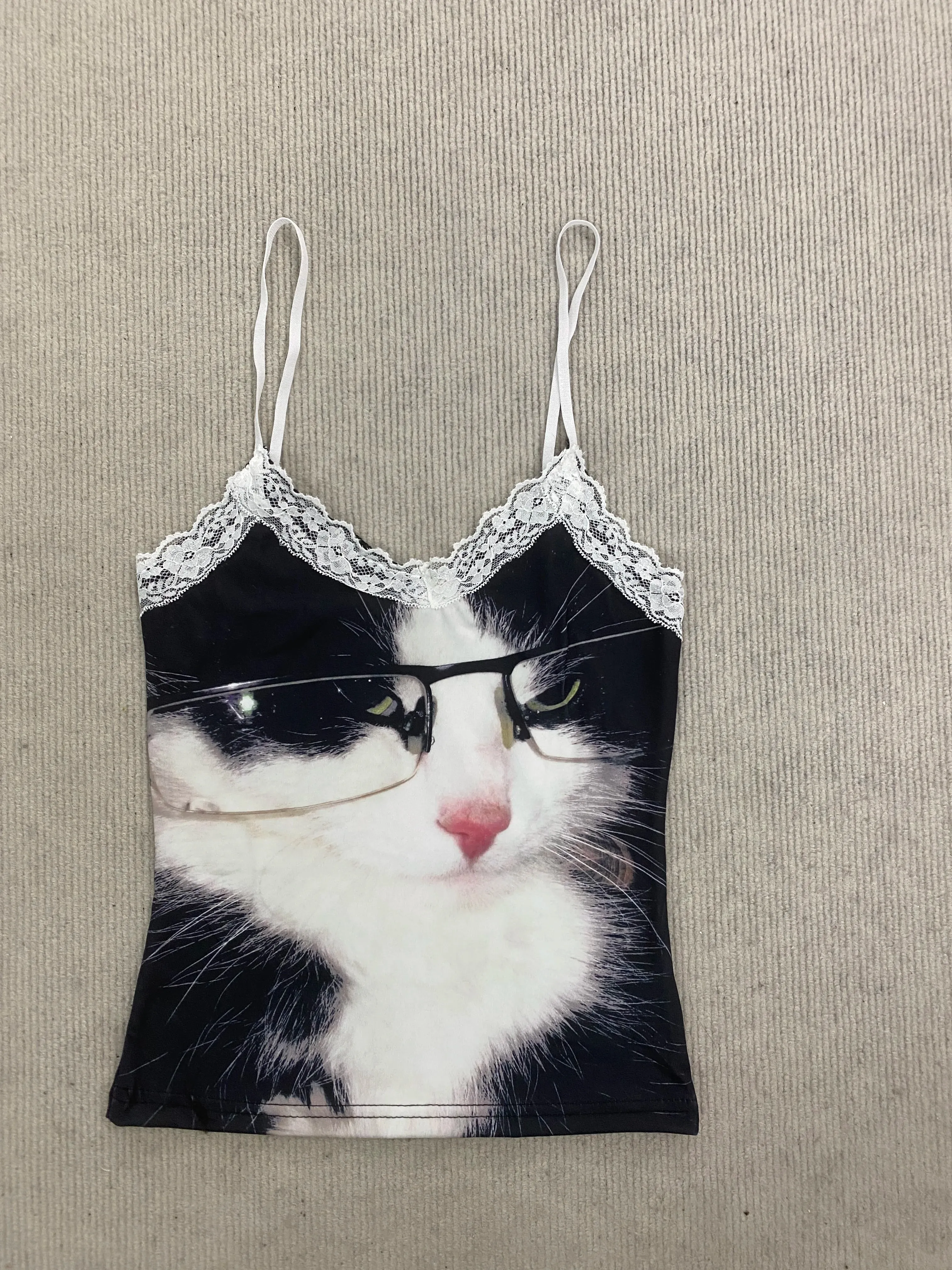 Women Lace Trim Spaghetti Strap Cami Top Cute Glasses Cat Print Slim Y2K Coquette Summer Sleeveless Crop Tank Top — image 9