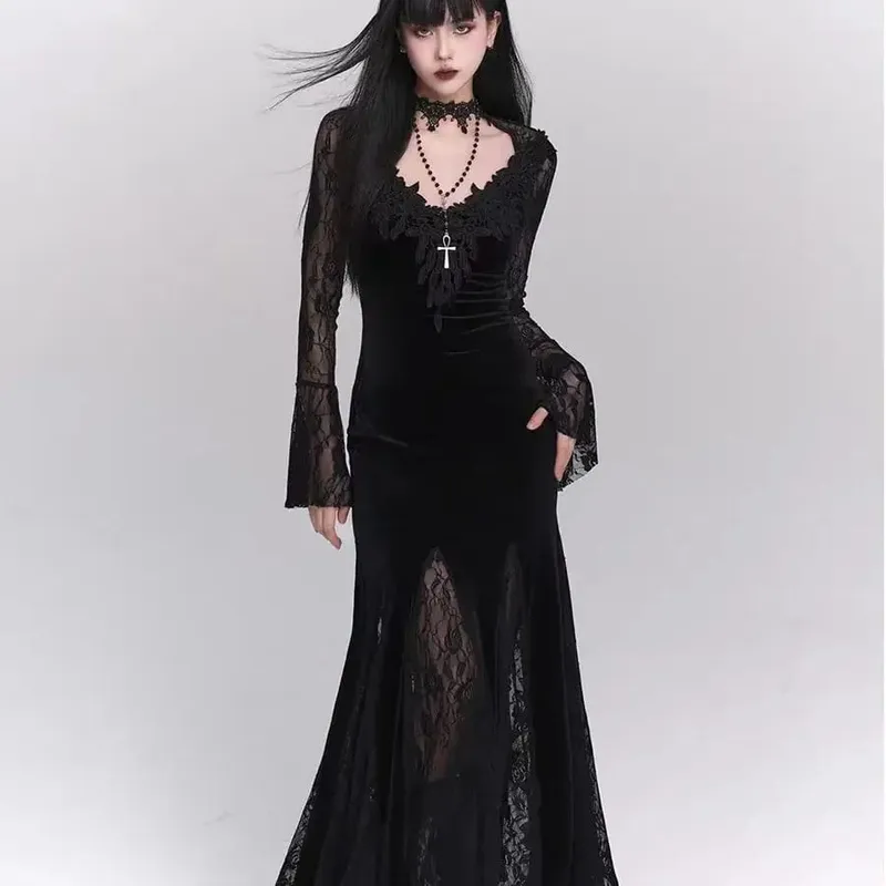 Winter Gothic Grunge Lace Dress Korean Fashion Design Festival Long Prom Dress Women Halloween Costume Sexy Slim Party Dresses