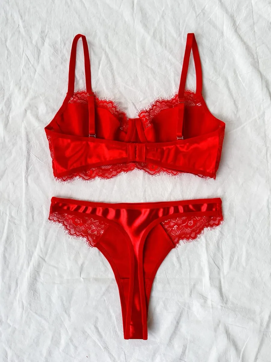 2025 Women's Sxy Lace Strapping Underwire Nonpadded Bra & Brazilian Briefs - Fancy Eyelash Lingerie Set — image 3
