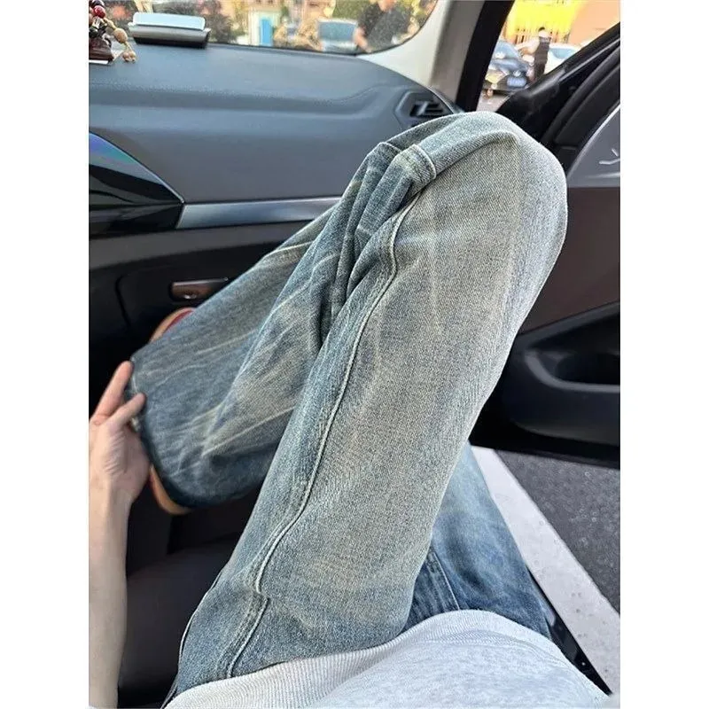 Vintage Men's Jeans Man Pants High Street Washed Denim Blue Jeans Straight Leg Slight Flare Casual Trousers — image 3