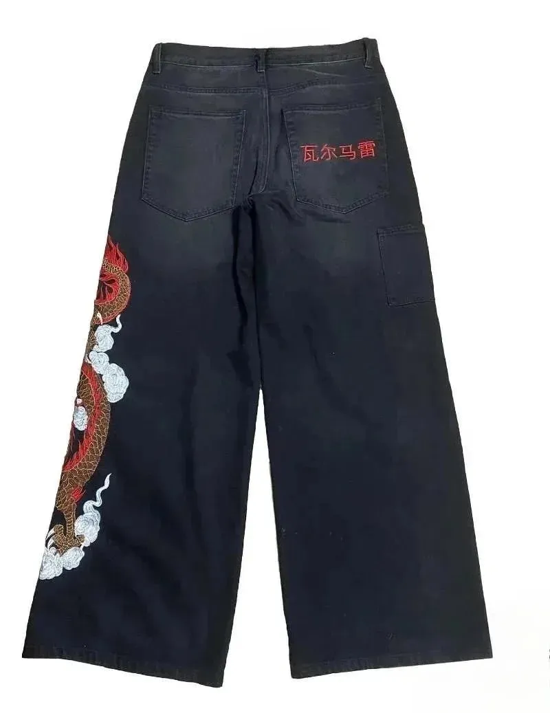 Y2K Baggy Jeans Dragon Graffiti Embroidery High Waist Men Women Vintage Streetwear 2000s Harajuku Casual Loose Wide Leg Jeans — image 5