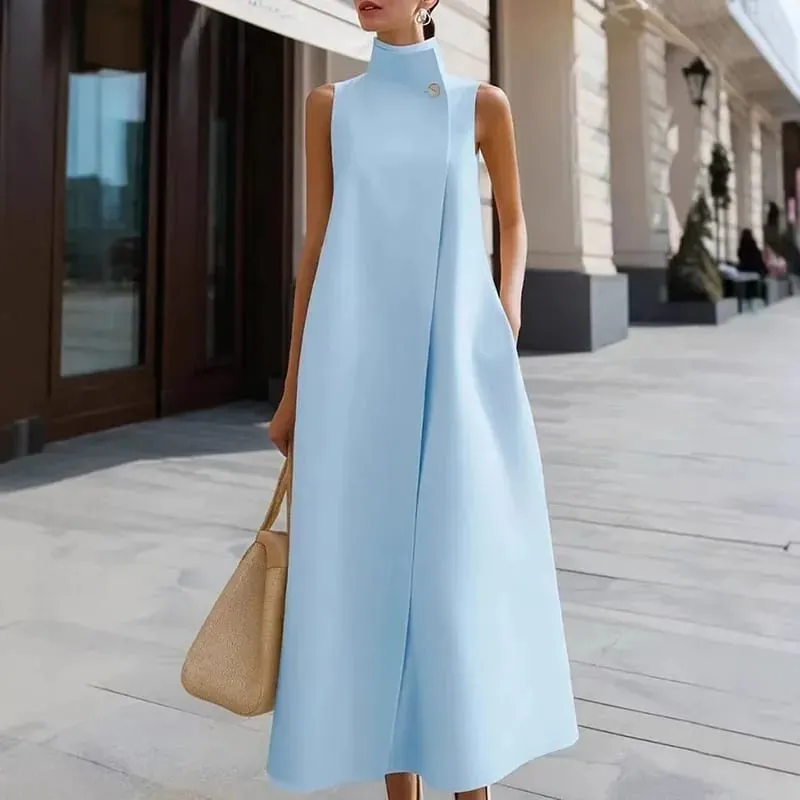 Simple Fashion Single Button High Neck Maxi Dress Women Spring Solid Pocket A-Line Long Dress Summer Sleeveless Bohemian Dresses — image 3