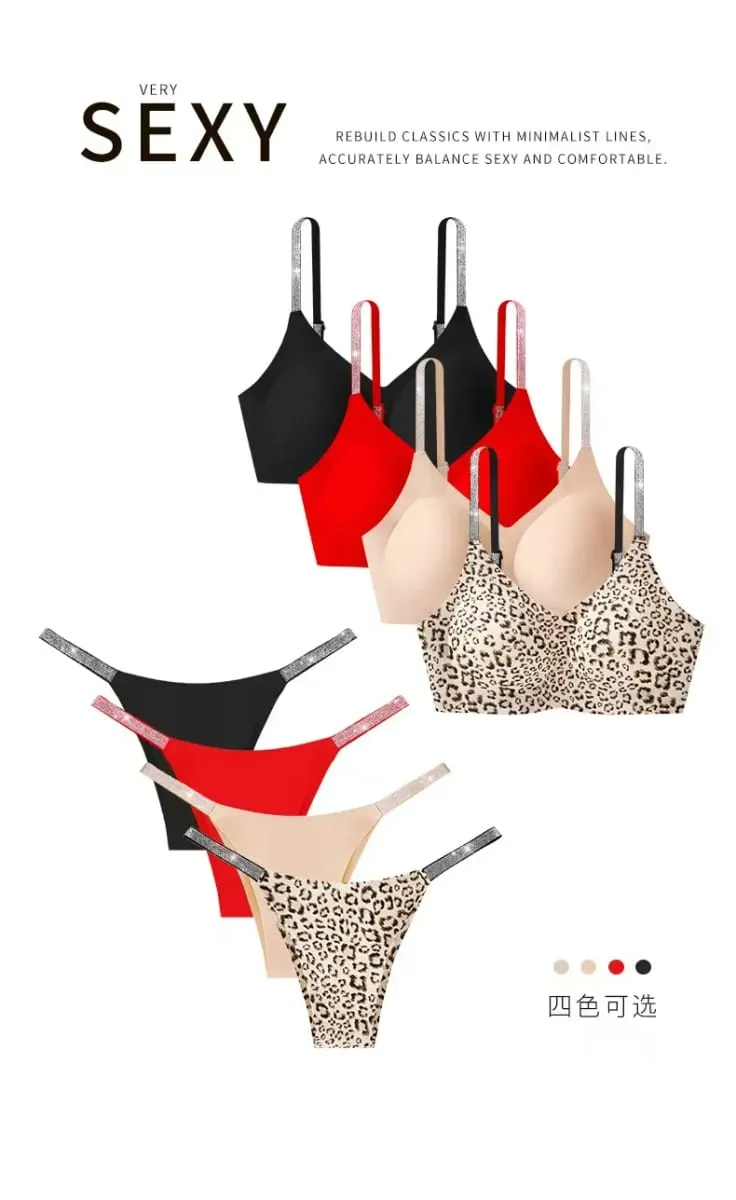 Leopard Print Rhinestone Sexy Bra Set Women Bralette Girls Underwear Brassiere Fashion Thong Gather Bras Lingerie Panty Sets — image 1