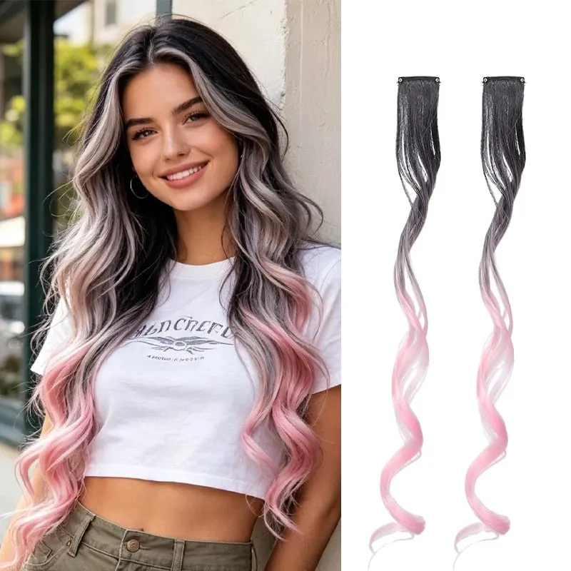 Gradient Wave Clip - in Hair Extensions 2pcs Synthetic Fiber Color - Blocked Tassel Ear - Side Dyeing for Daily Party Cosplay