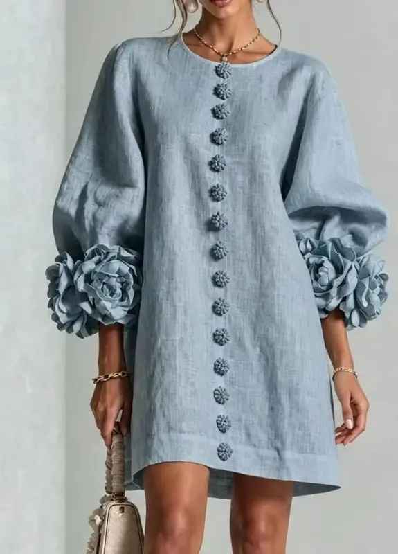 Women Spring Autumn 3D Flower Long Lantern Sleeve Cotton Linen Mini Dress Solid Crew Neck Loose Elegant Daily Wear Short Dress — image 16