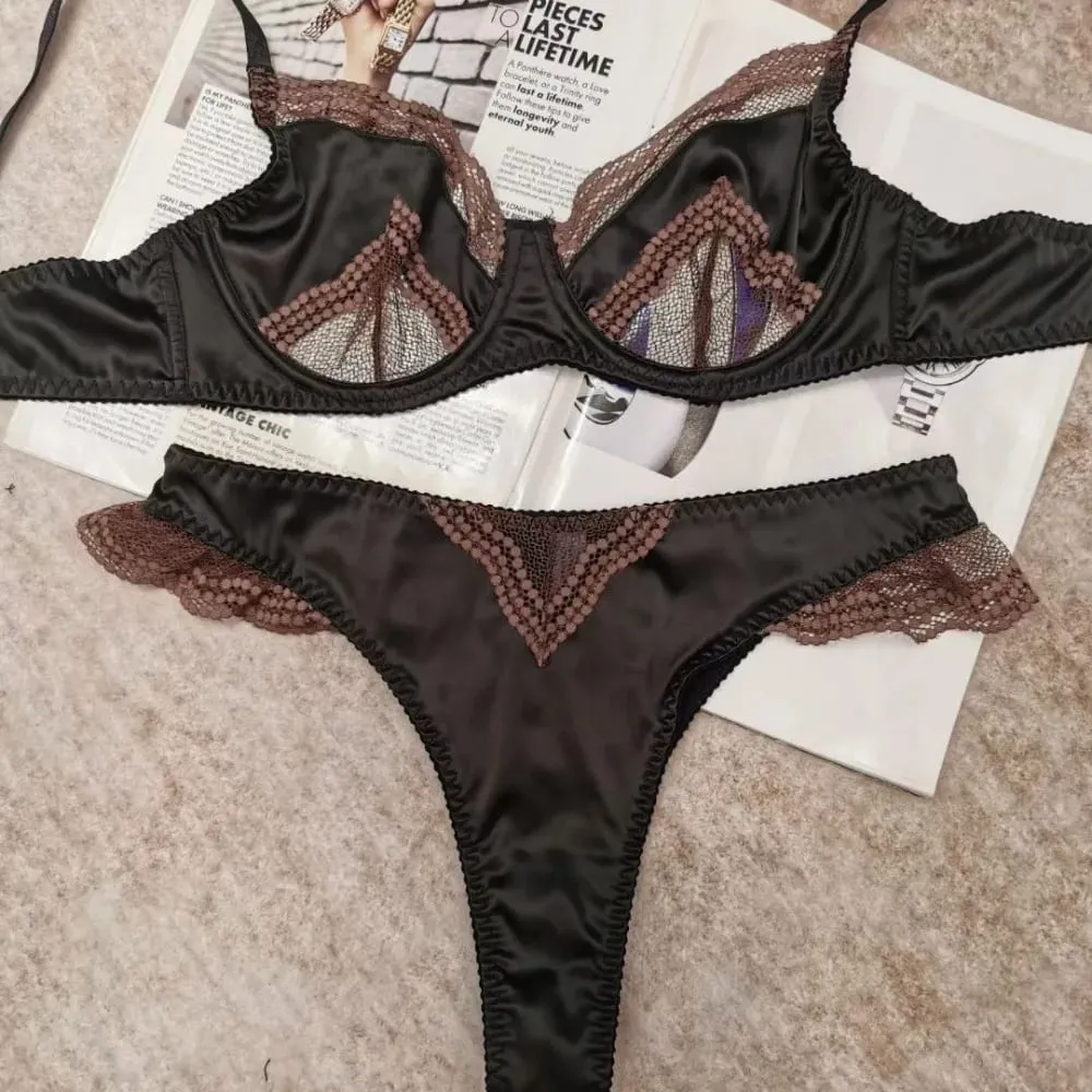Women Brassiere Mesh Satin Lace Splicing Ultra Thin Minimizer Anti Sag Soft Support Lingerie For Girls 32‑38AB Suit — image 6