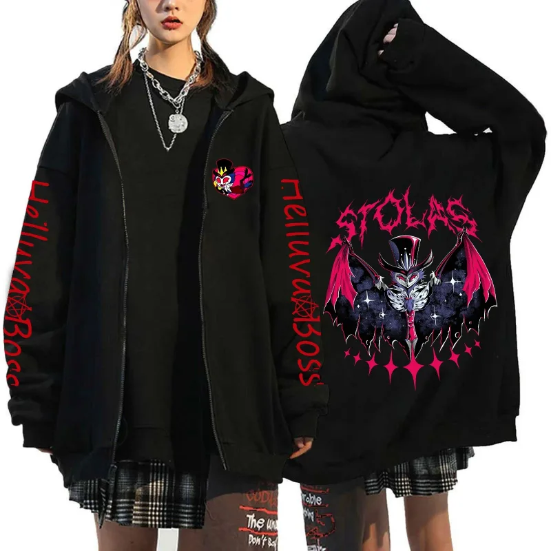 Helluva Boss Print Hooded Zipper Men Women Casual Fashion Fall Winter Warm Vintage Long Sleeve Tops Fleece Zip-Up Sweatshirts — image 4