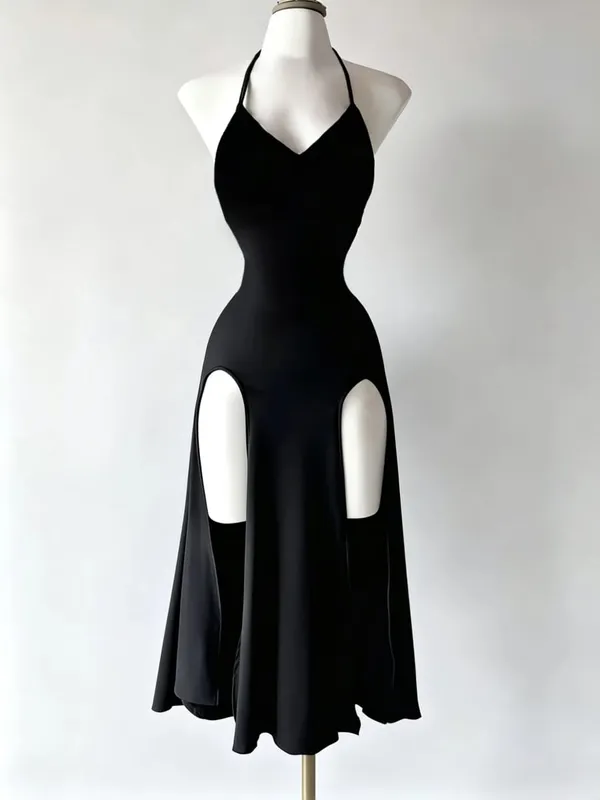 Atmospheric and Stylish Little Black Dress with Thin Halter Neck Deep V-Neck Waist-Cinching Design High Slits on Both Sides and a Flowing Slimming Long Gown