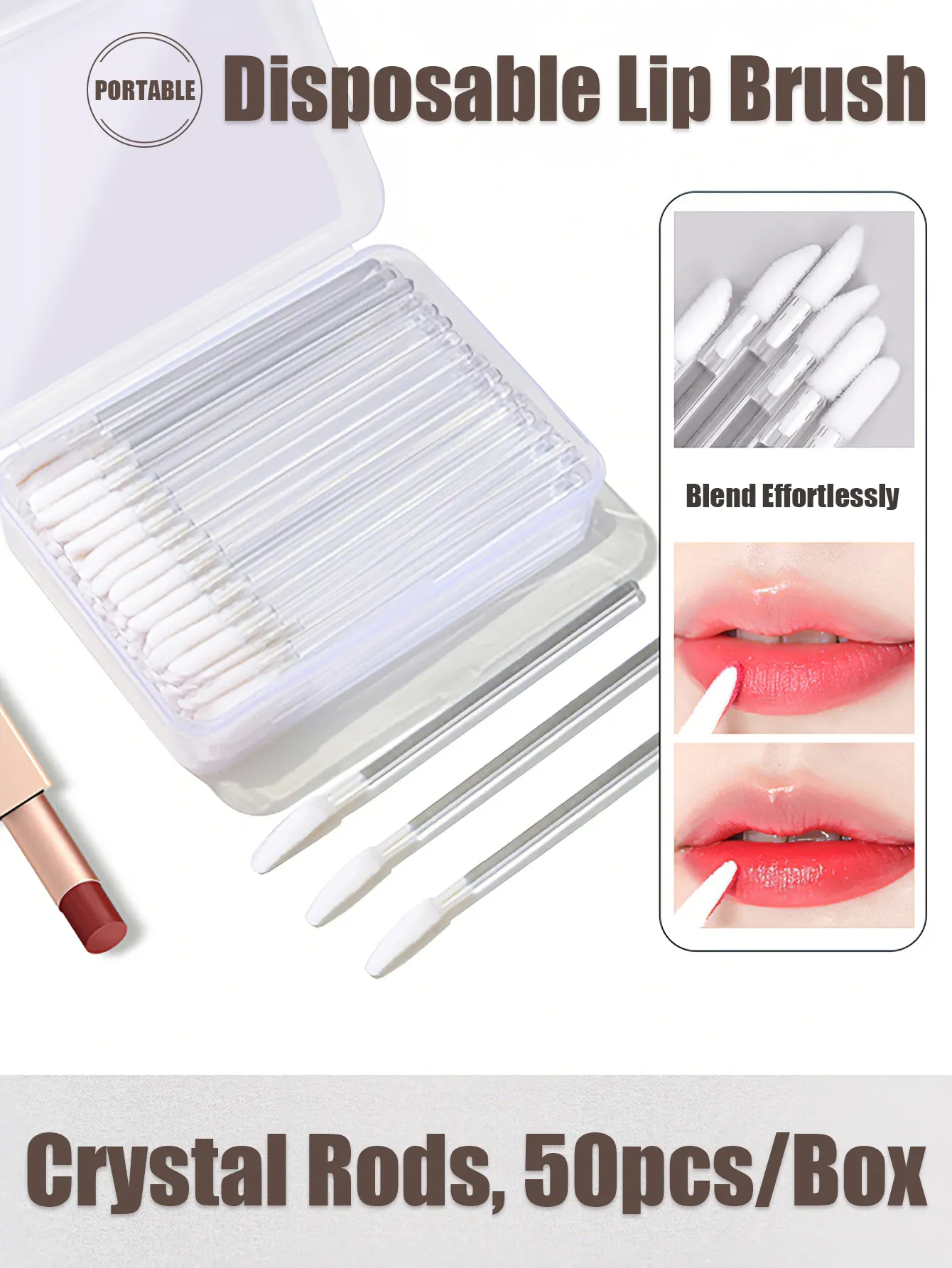 Pincéis descartáveis para lábios, 50/100 peças, pincel de maquiagem com ponta flocada, aplicador higiênico portátil para máscara corretiva de base de brilho labial — image 2