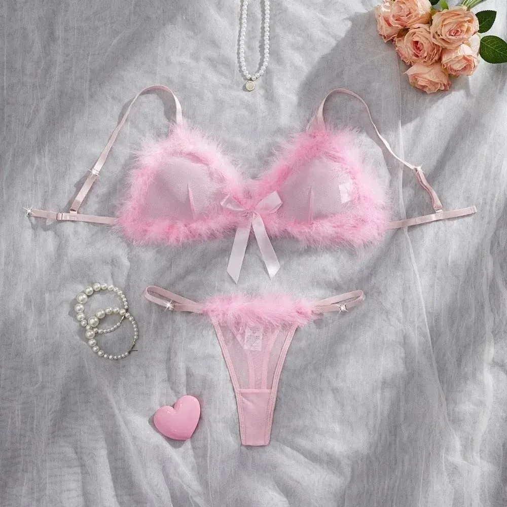 Furry Women's Underwear Mesh Transparent Wireless Lingerie Set Bow Decor Romantic Intimate Bra Panties Suit Valentine's Day — image 2
