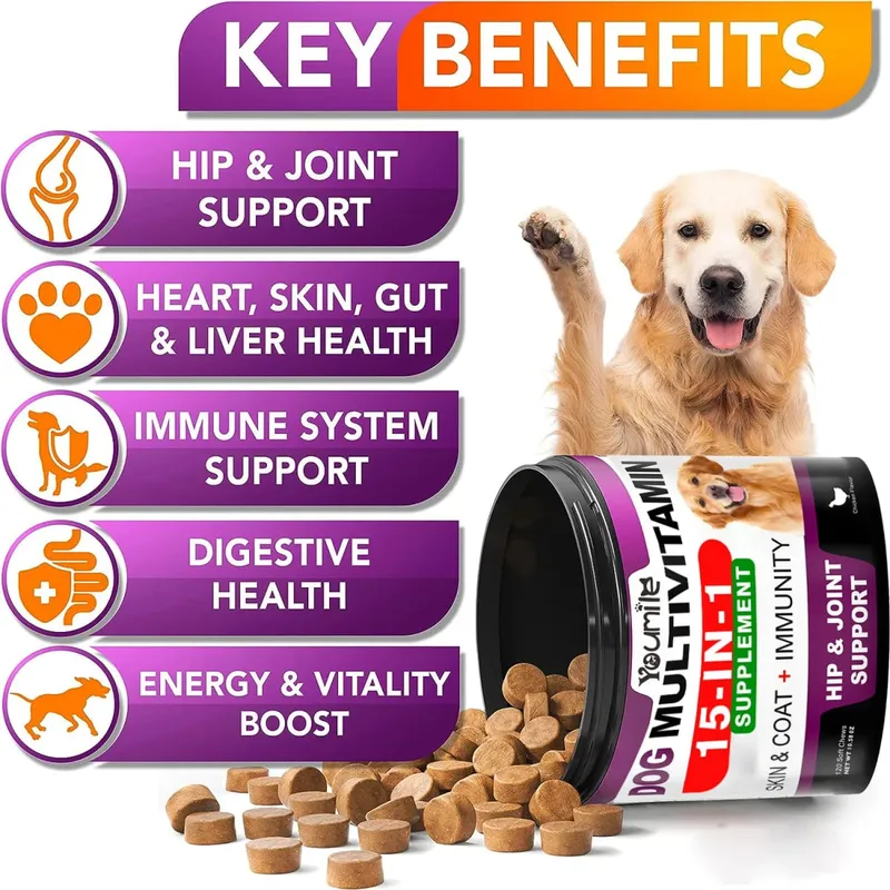 Senior & hundvalp Multivitamintillskott Multivitaminer Kycklingaromatuggar för husdjur Ledimmunitet Rörlighet Energi Tarmhud