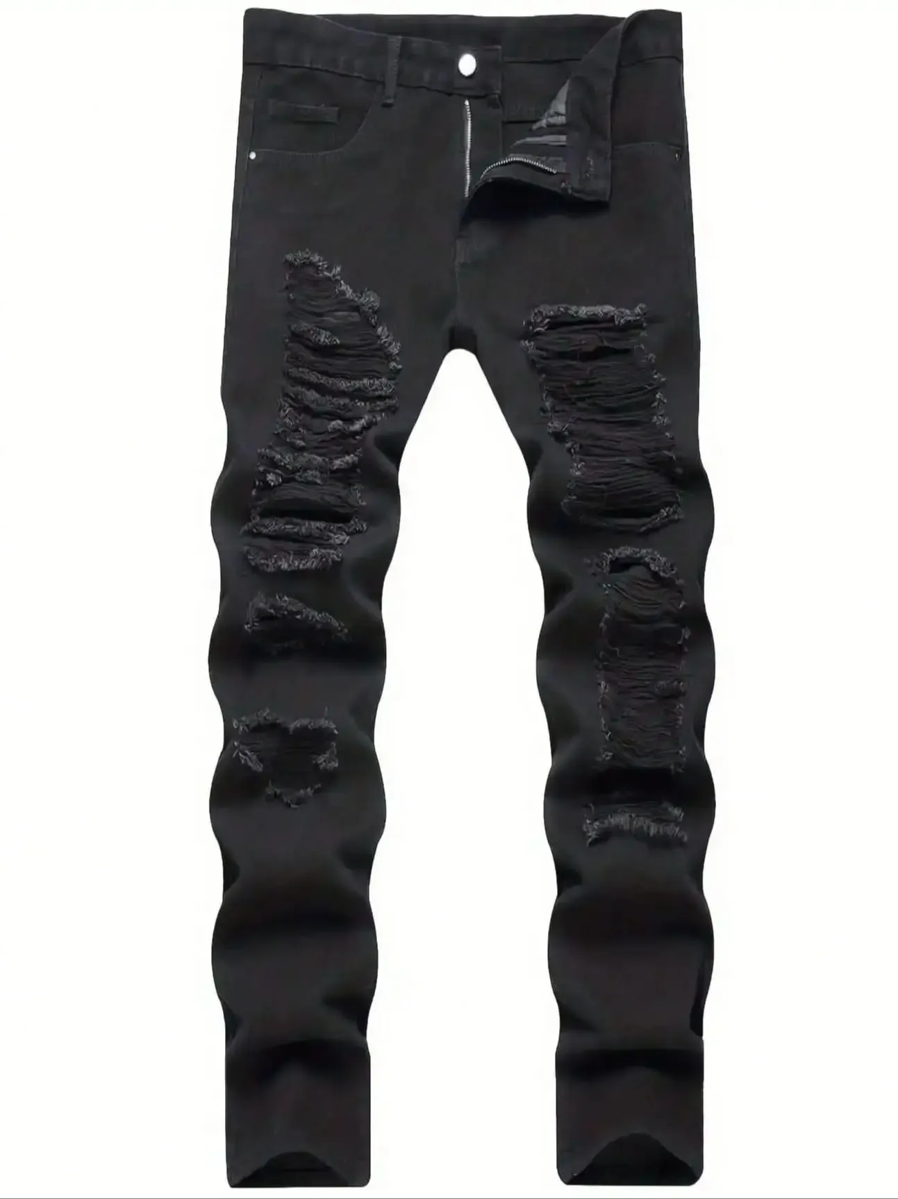 Single piece of trendy streetwear: straight-cut ripped denim jeans in black.