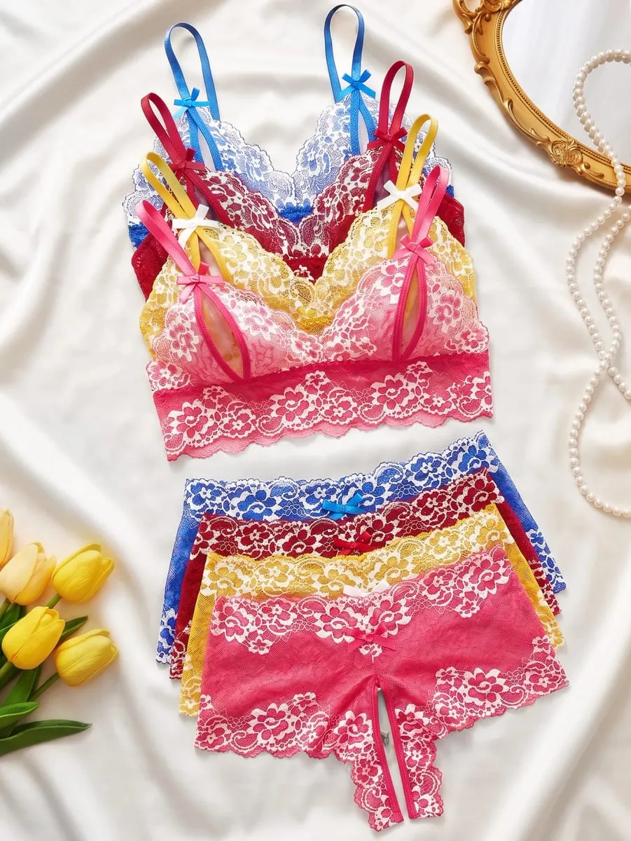 4 Pack Women's Floral Lace Lingerie Set Sexy Bra and Panty Set Wirefree Bralette Underwear Bow Spaghetti Strap Sleepwear 2026