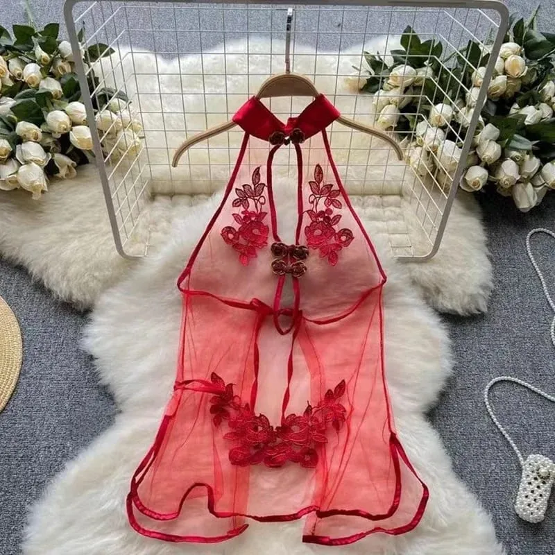 Woman Embroidery Floral Mesh Fashion Sexy Dress Chinese Style Short Sleeve Split Hollow Out Cheongsam New Gauze Sheer Dress — image 14