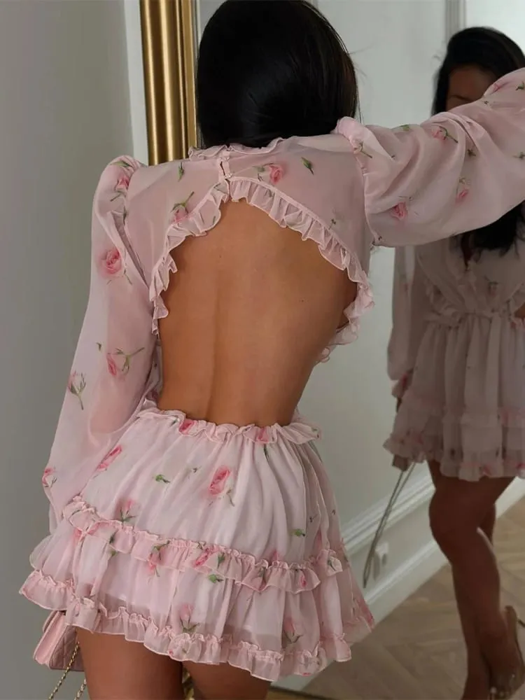 Květinové minišaty bez zad s květinovým potiskem Dámské Elegantní Volány do O s dlouhým rukávem Šaty v áčkové linii Letní elegantní Dámské Sváteční Vestido — image 5