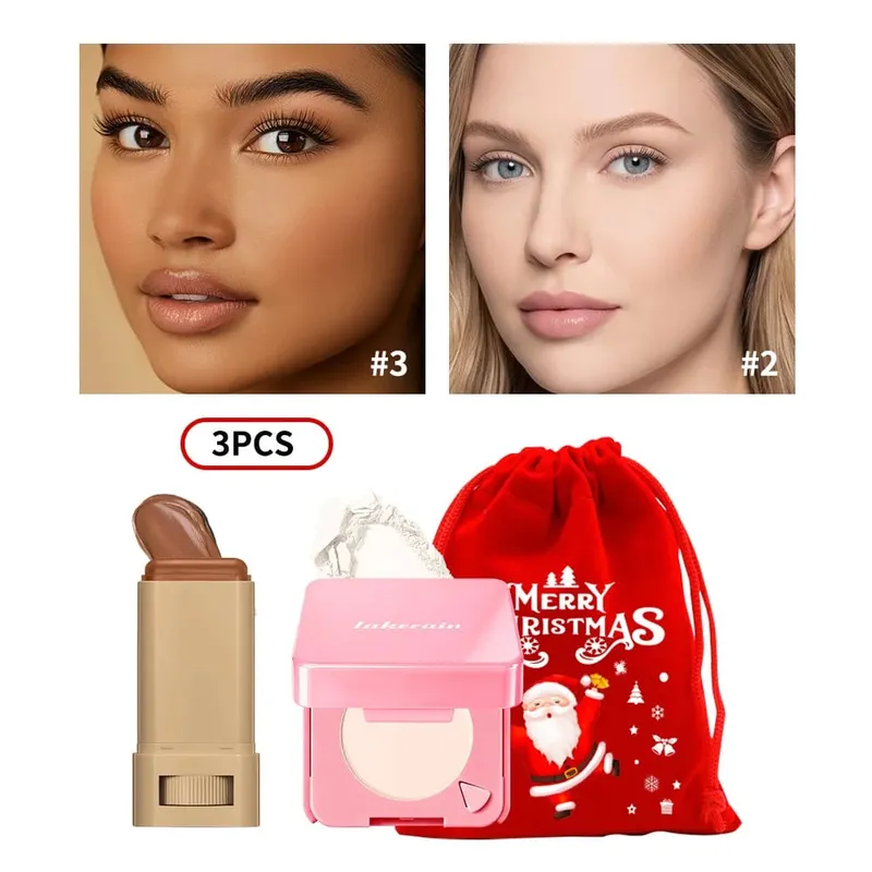3 uds base en barra, polvo compacto para la cara con bolsa con cordón de Navidad, cosmético facial mate de larga duración, regalo de Navidad — image 9