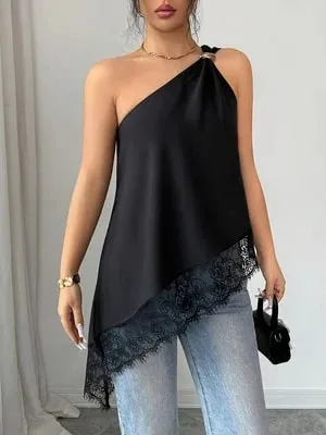 Women's Casual Single-Shoulder Camisole Solid Color Camisole with Lace Splicing and Versatile Style Suitable for Shopping Bea — image 4