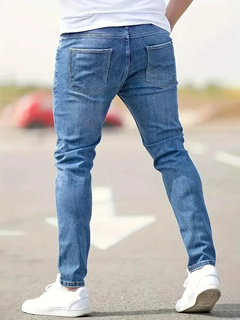 2026 New Fashion Men's Skinny Ripped Jeans Mid Waist Stretch Denim Pants Male's Slim Trousers with Pocket Casual Soft Streetwear — image 4