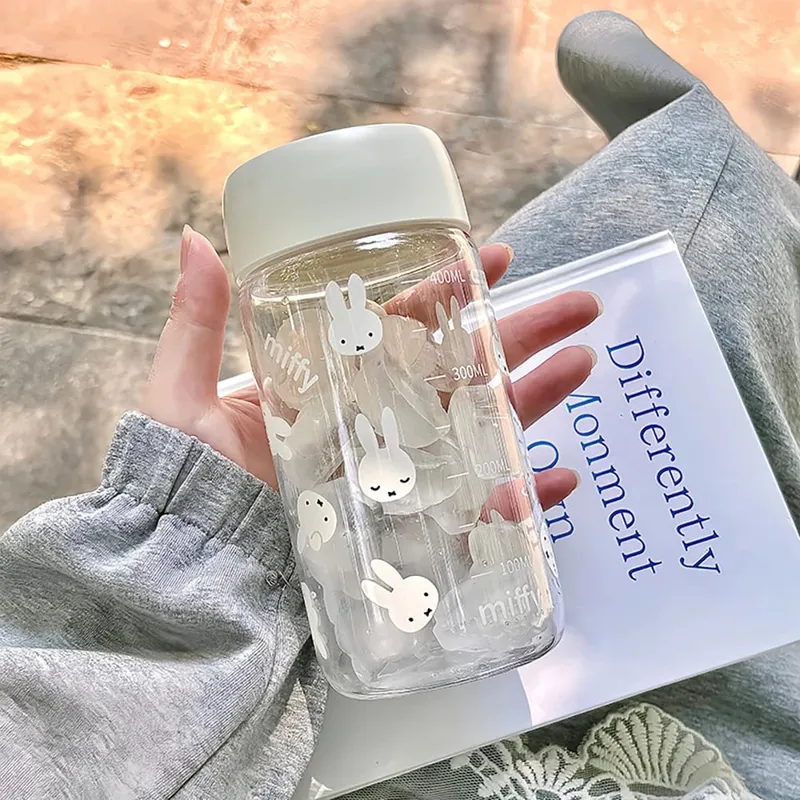Kawaii miffy bonito copo de água verão dos desenhos animados coelho impressão estilo simples transparente plástico portátil xícara café presente da menina