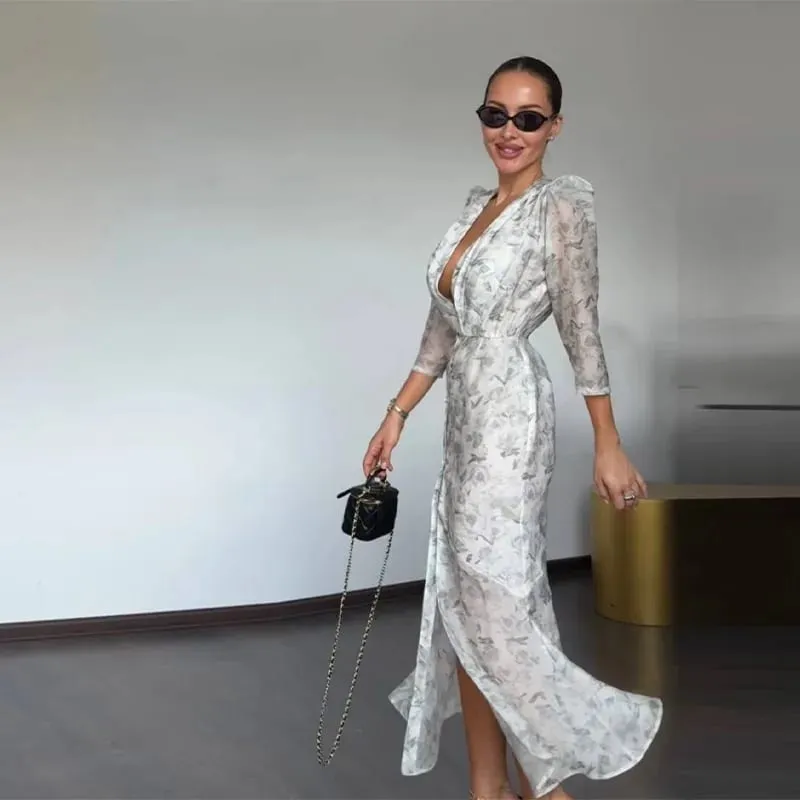 Floral Print Side Split V-Neck Mini Dresses Slim Fitwaist Cinching Puff Sleeve 2026 Summer Elegant Women Party Sweet Vestidos — image 10