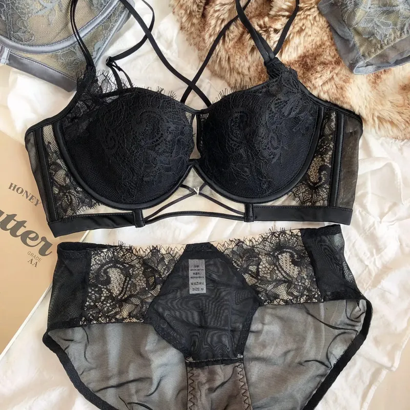 Sexy Hollow Bra Fashion Lace Flowers Embroidery Women Underwear Set French Push Up Brassiere Adjustable Plus Size Lingerie Sets — image 7
