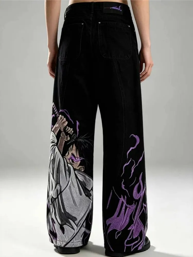 Mens Jeans Heavy Embroidery Streetwear Denim Pants Harajuku Unisex Loose Fit Wide Leg Anime Straight Leg Black Casual Fashion — image 5