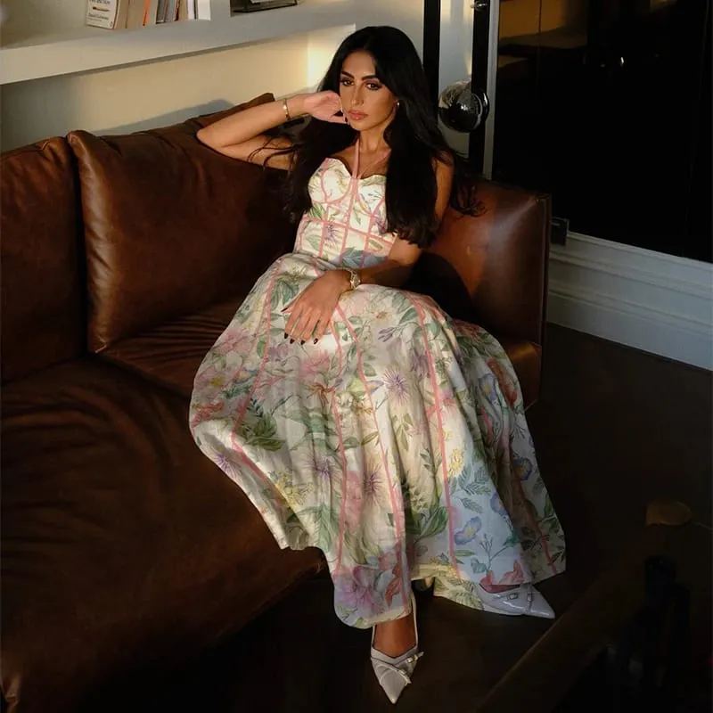 Women's Retro Floral Print Corset Maxi Dress Sexy Sleeveless Halter Neck Flowy Long Dress Lady Summer Vacation Dating Streetwear — image 7
