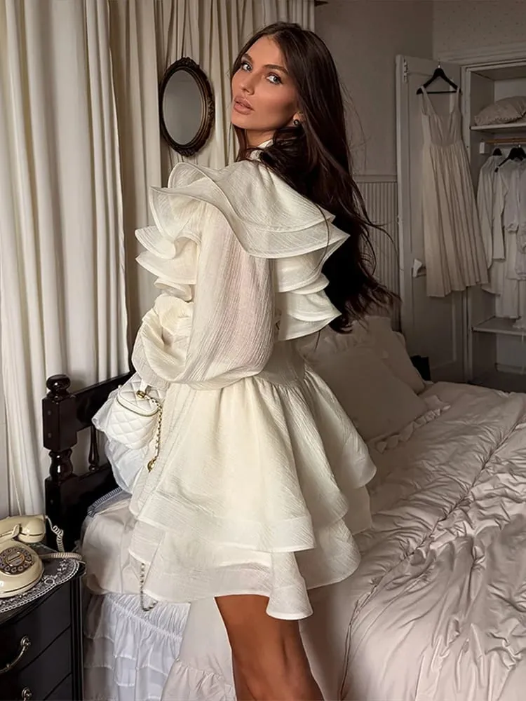 Layered Ruffle Cinched Waist Dress Fashion Elegant Lantern Long Sleeve Buttons V-neck Mini Dresses 2026 Summer Sheer Mesh Gown