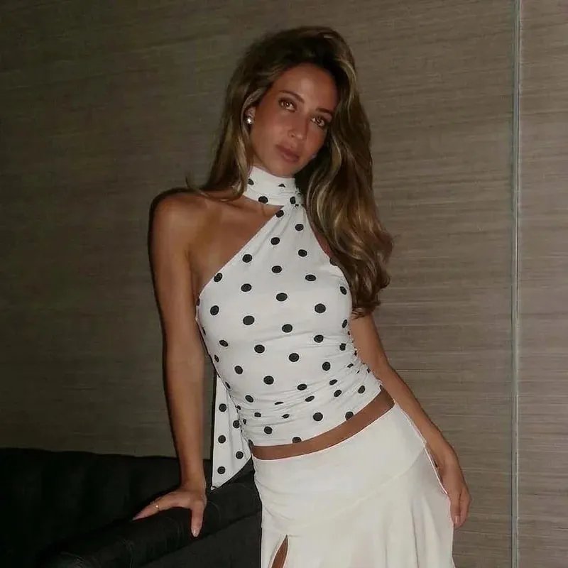 Women Spring Summer Polka Dot Tube Top Double Layer Scarf Collar Tie Back Slim Bandeau Top