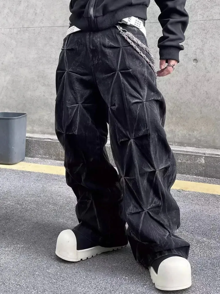 Mens Jeans Harajuku Y2K Streetwear Black Pleated Baggy Denim Pants High Street Hip Hop Wide Leg Loose Fit Casual Fashion Trend — image 3