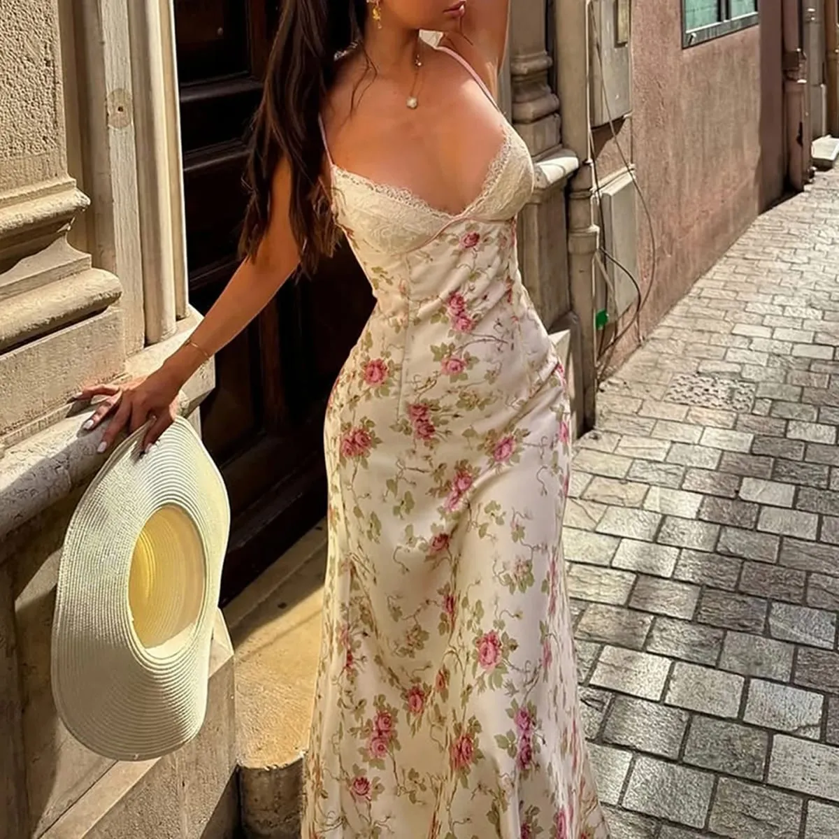 French Sexy Lace Satin Dress Women Sleeveless V-neck Spaghetti Strap Party Dresses Summer Vacation Boho Party Vestidos — image 3