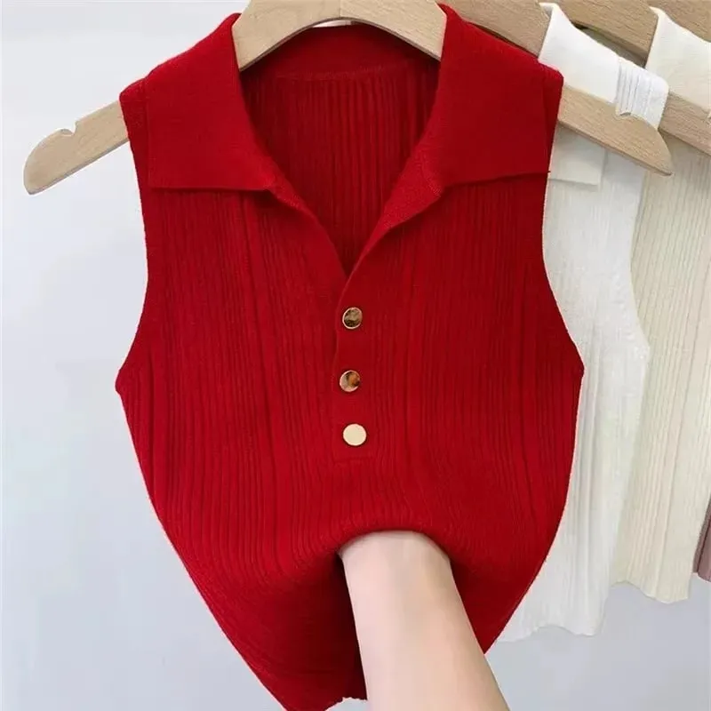 Zjaiss 2026 Spring Summer Slim Versatile Camisole Women's Polo Lapel Tank Tops Vest Ice Silk Knit Sleeveless Tops — image 12