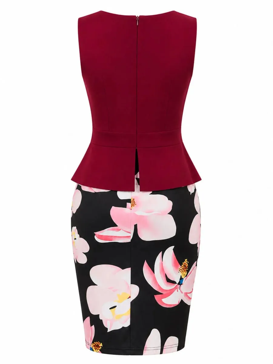Women Elegant Sleeveless O-Neck Summer Cocktail Knee Length Outfit Floral Print Business Casual Pencil Bodycon Dress — image 6