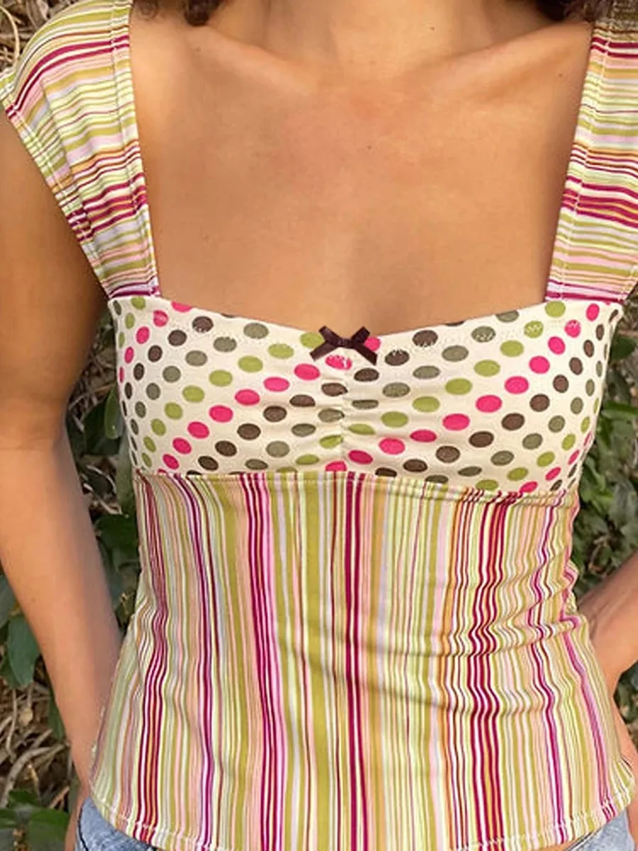 Summer Women Y2k Cottage Tank Top Vintage Plaid/Stripes Print Square Neck Cami Crop Top Party Club Vest 00s Retro Shirt