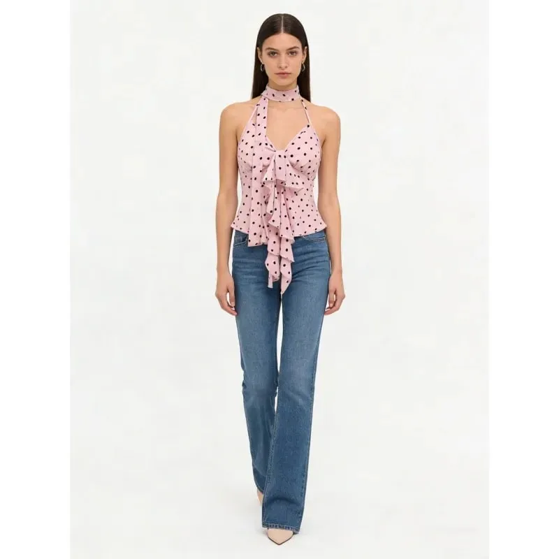 Y2K Spicy Girl Sleeveless Tank Vest Women 2026 Summer American Pure Desire Polka Dot Halter Tie Bow Asymmetric Slim Cami Top